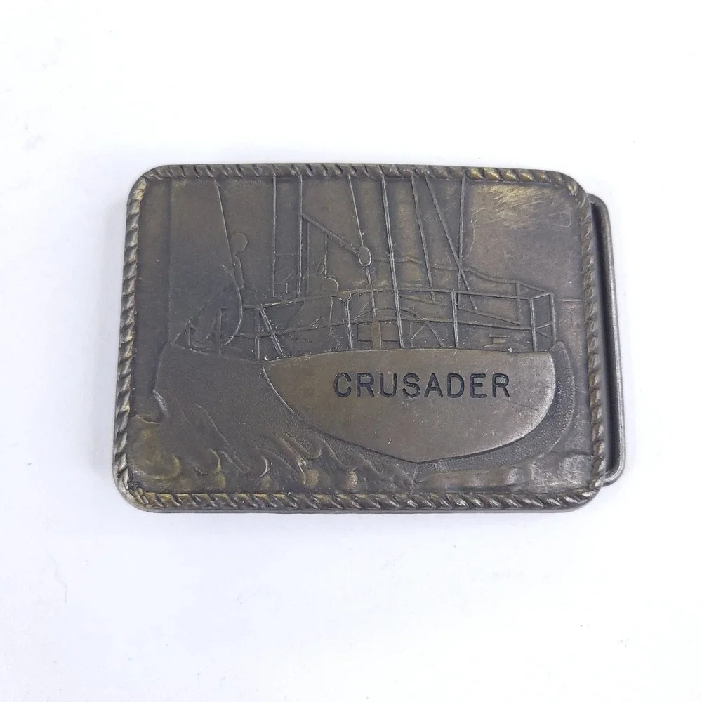 Vintage Crusader Great Lakes Fishing Vessel Bronze Belt Buckle 3x2 inches 1980s